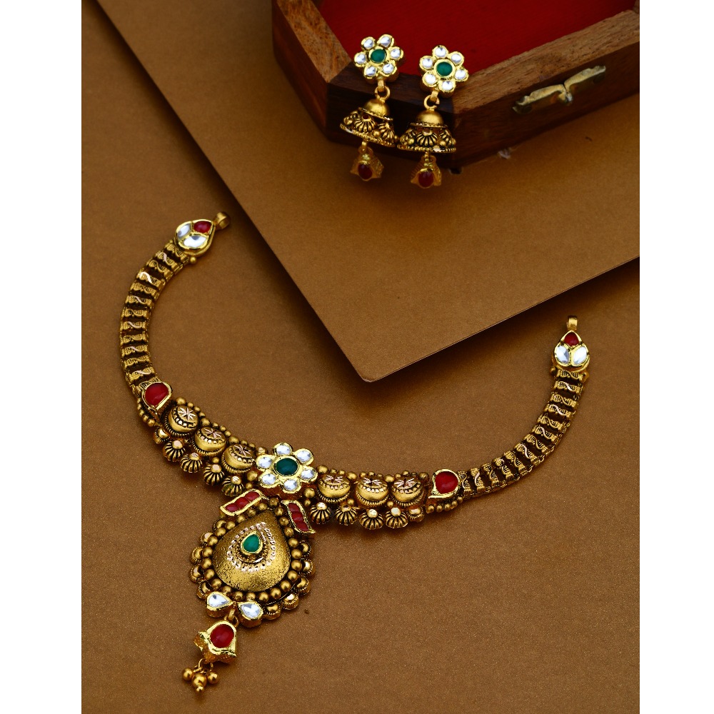 22K Gold Antique Jadtar Necklace Set - Image 3