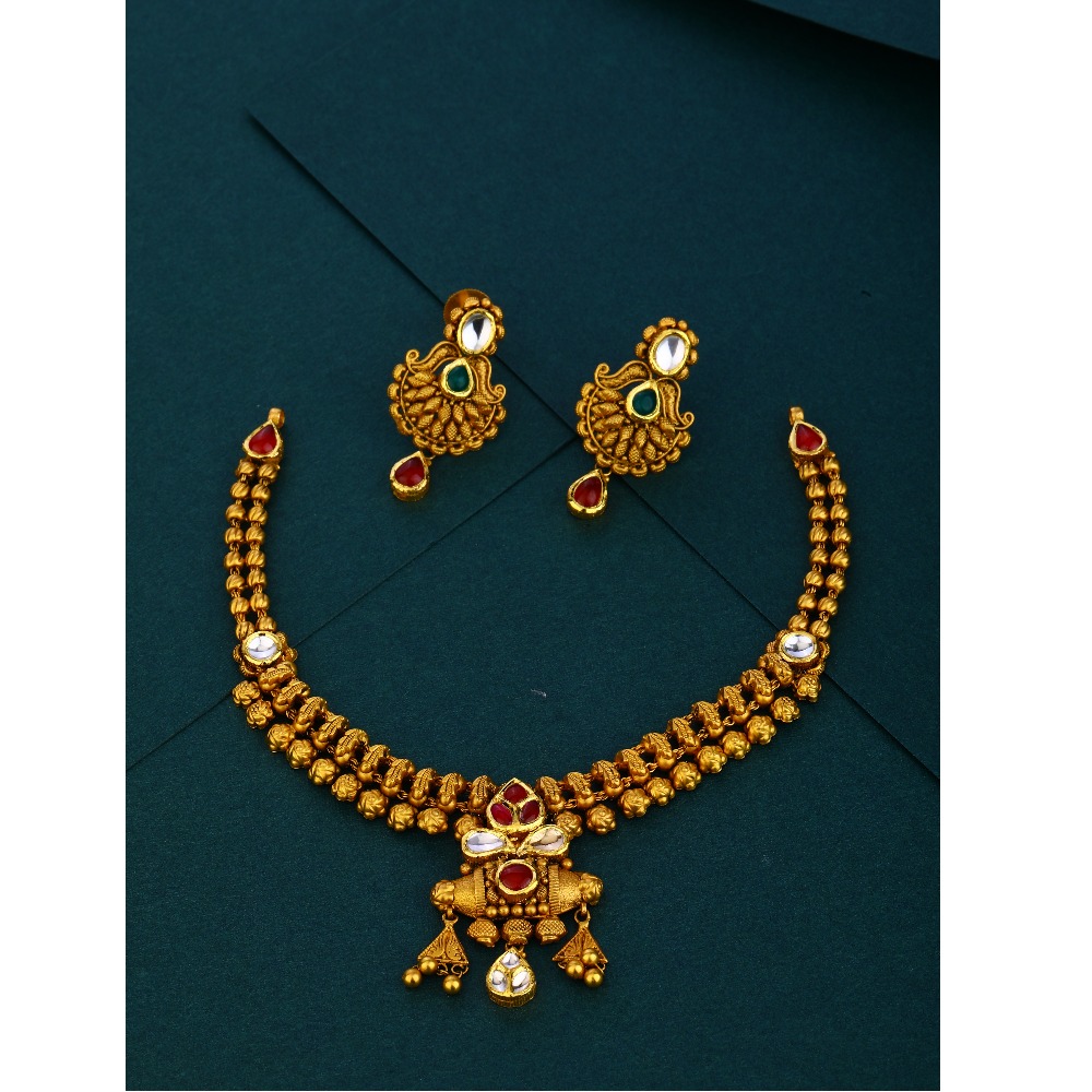 916 cz wedding wear Antique gold hallmark necklace set