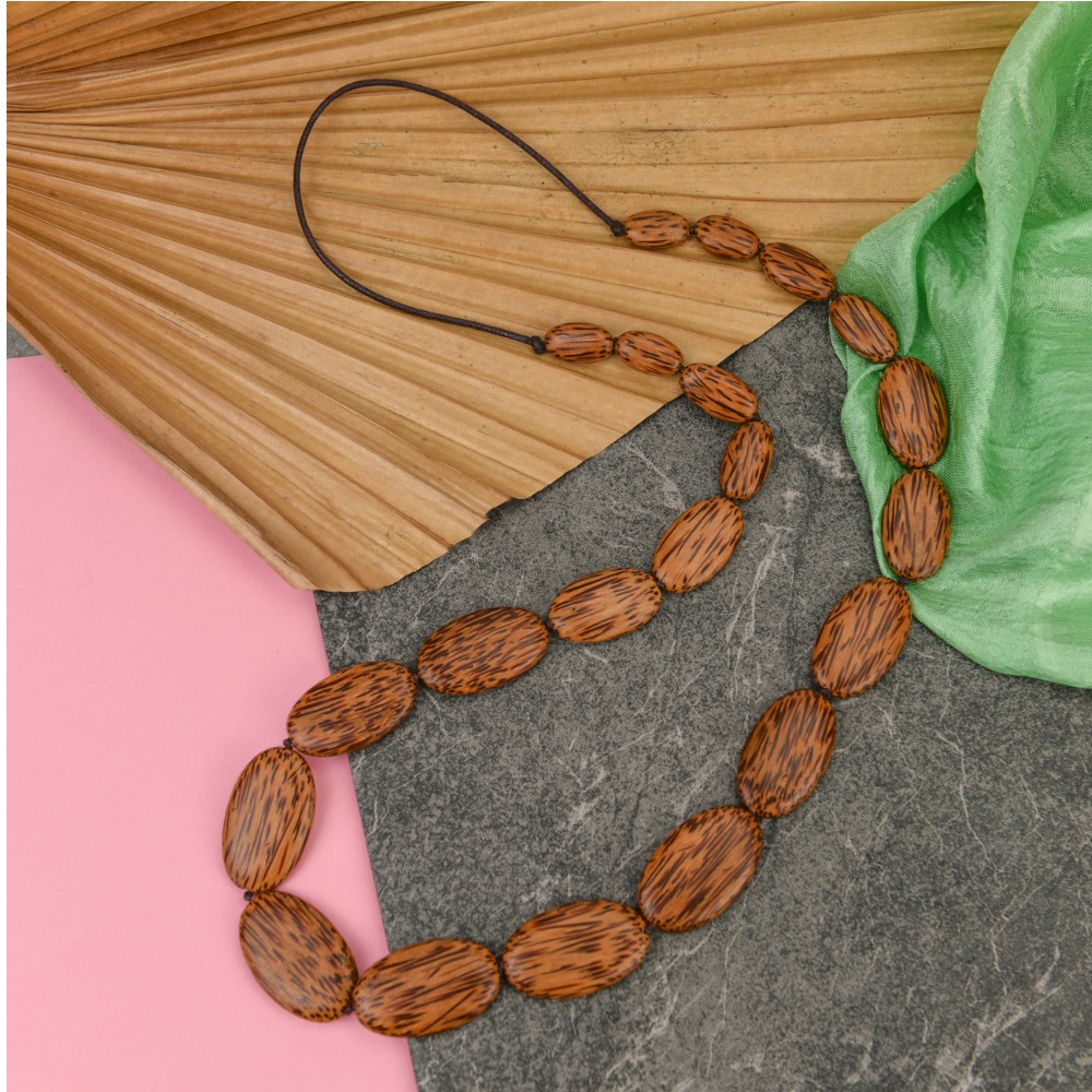 Natural Palmwood Ophelia Long Graduated Wooden Ovals Necklace