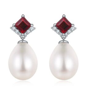 18K Gold Garnet Stud Diamond Pearl Earring