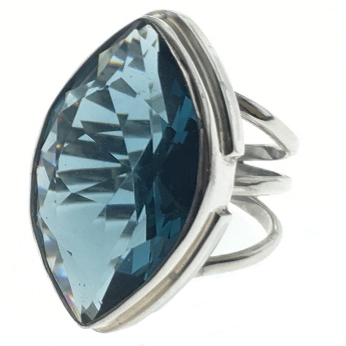 Blue cubic zirconia large canoe sterling silver ring