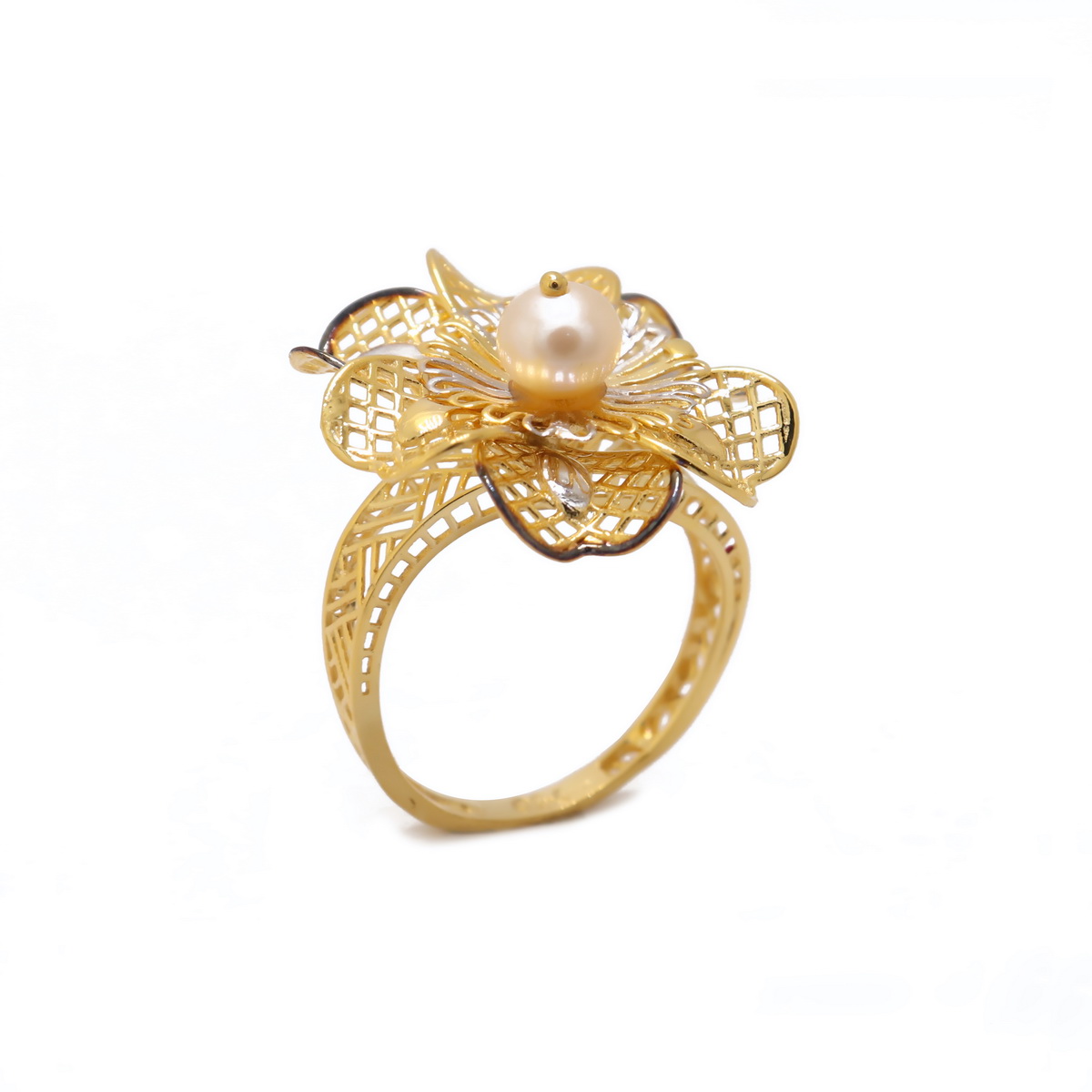 22k yellow gold pearl floral ring - Image 2