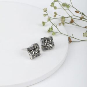 Oxidised silver woven square studs