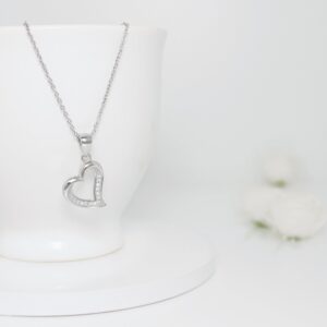 Silver zircon curve heart necklace with link chain