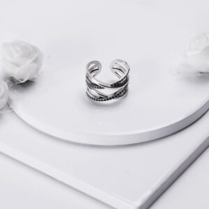 Silver weave black zircon ring
