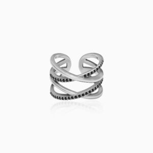 Silver weave black zircon ring
