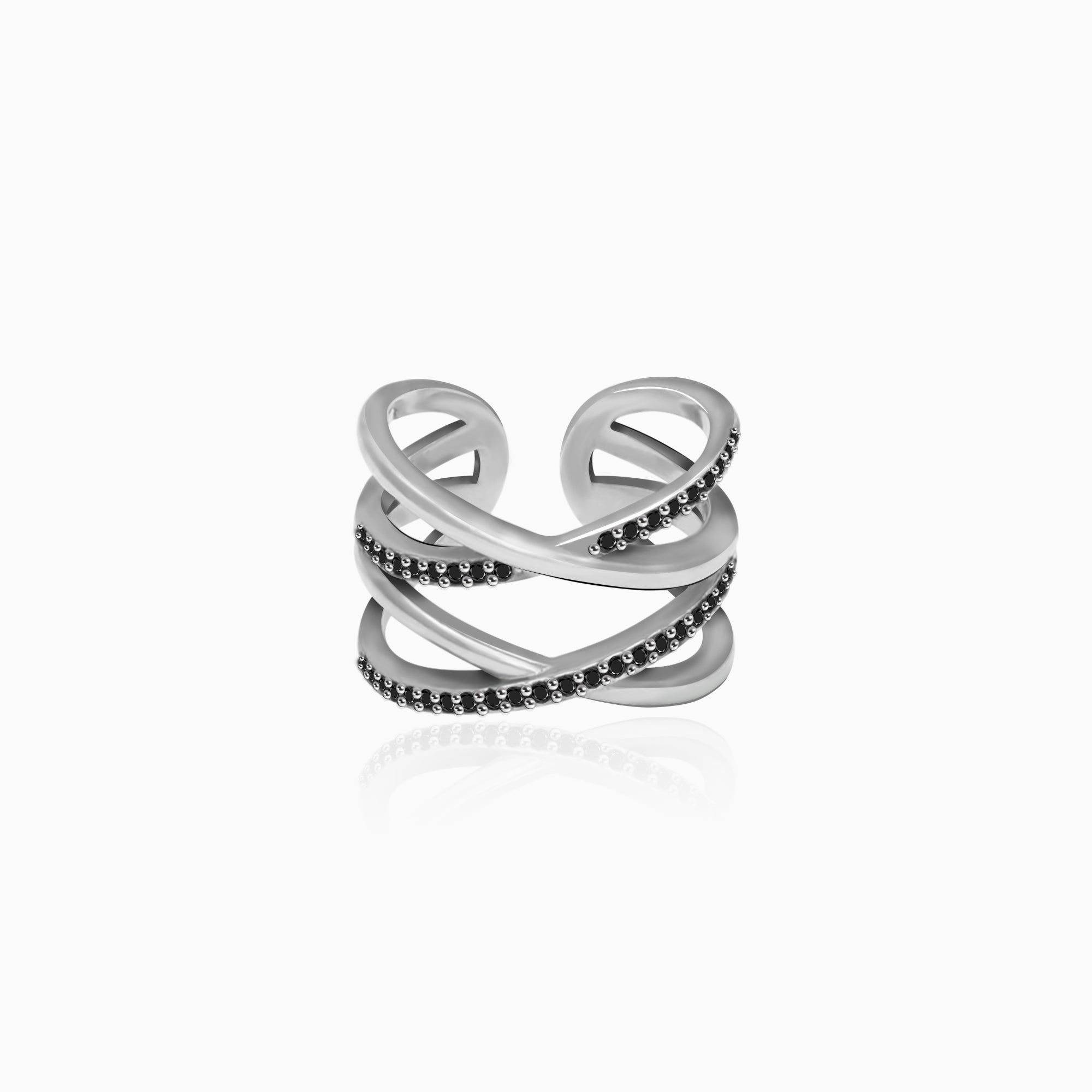 Silver weave black zircon ring