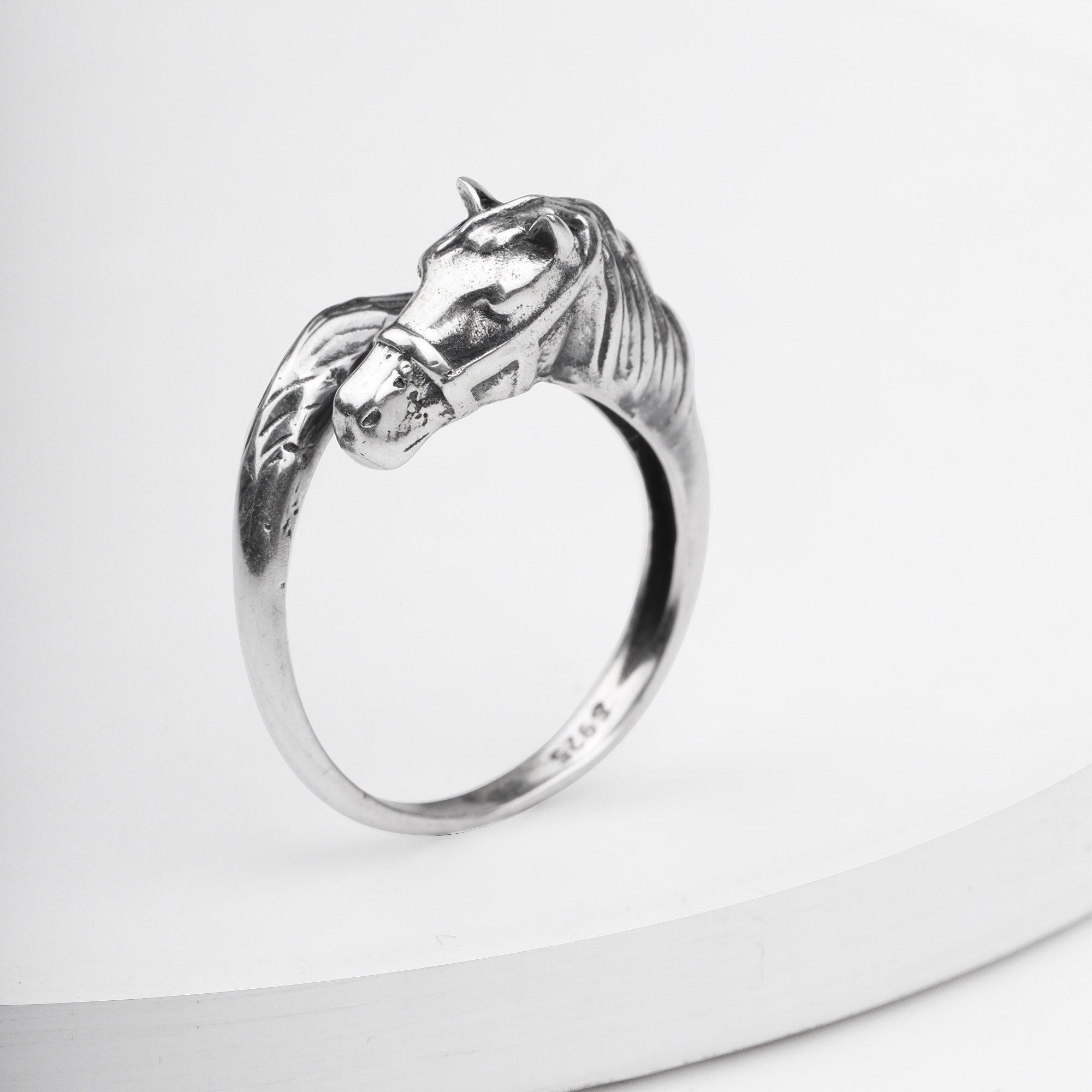 Oxidised silver horse ring