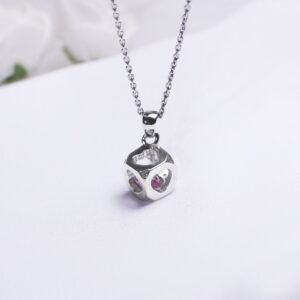 Cherry pink heart cube pendant with link chain