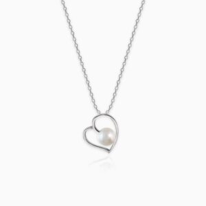 Silver pearl heart pendant with silver link chain
