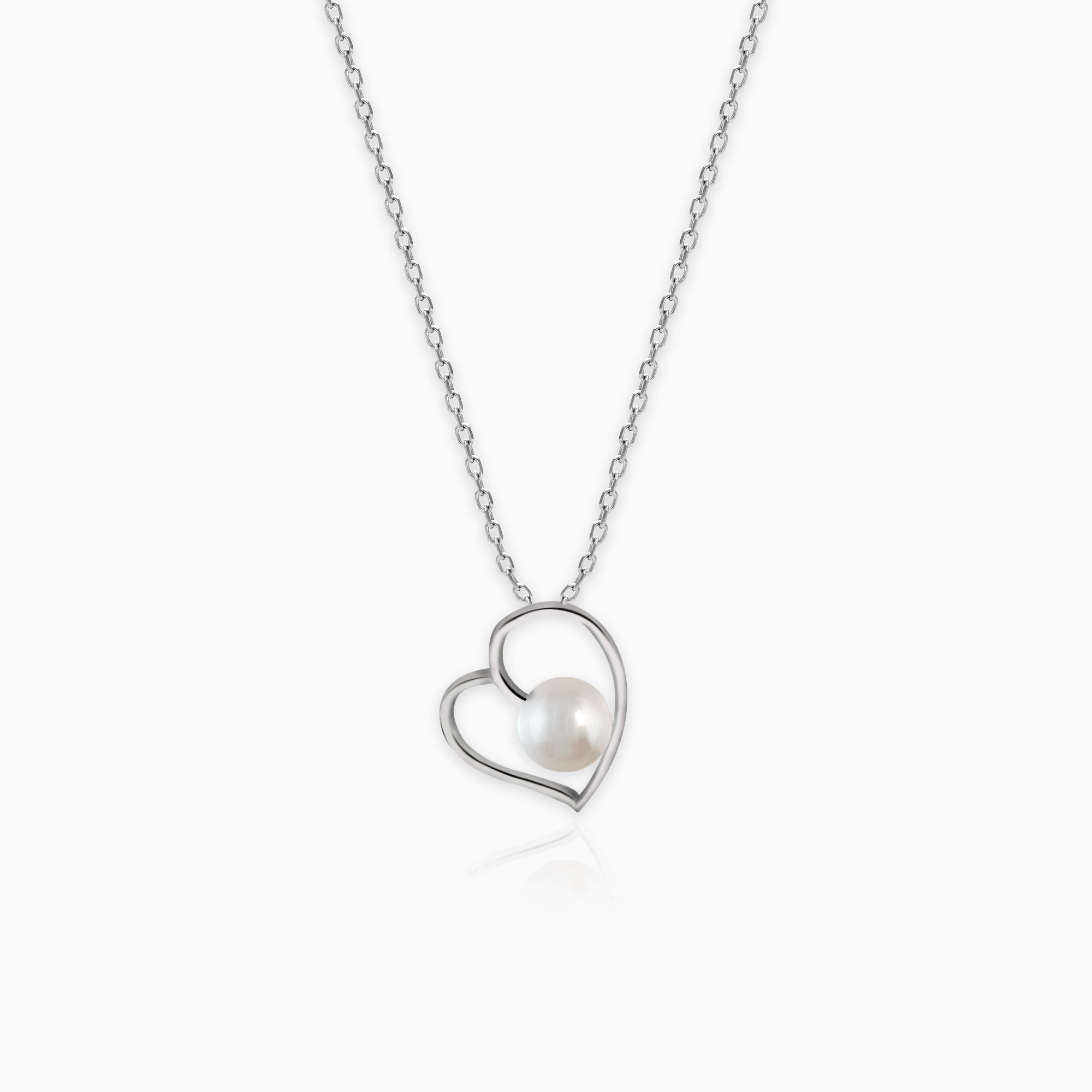 Silver pearl heart pendant with silver link chain