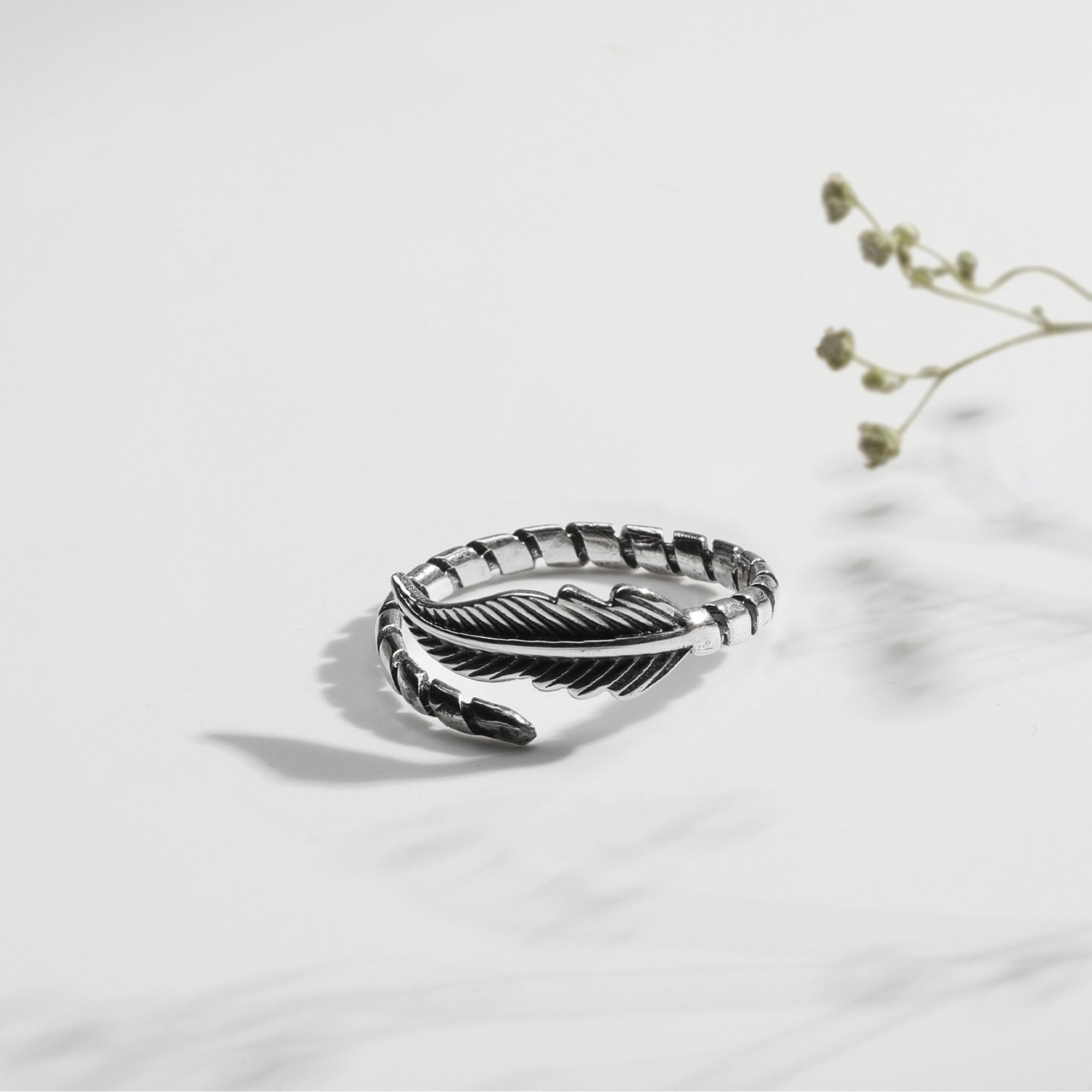 Oxidised silver leaf ring