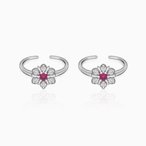 Silver Blooming Pink Flower Toe Rings