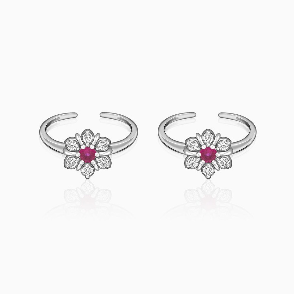 Silver Blooming Pink Flower Toe Rings