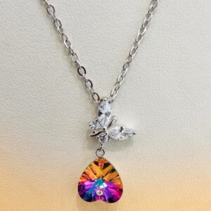 Sterling Silver Crystal Heart ,Diamond Butterfly Pendant Necklace