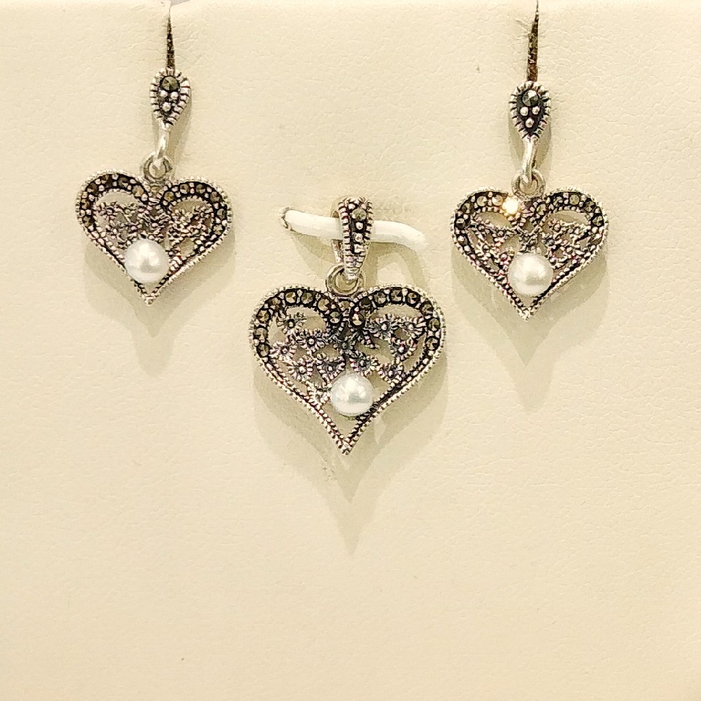 925 Sterling Silver Pearl Heart Pendant Set
