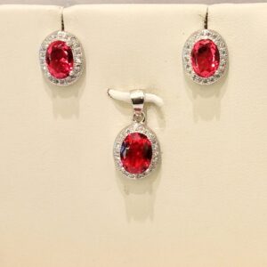 925 Sterling Silver Red Stone Oval Shape Pendant Set