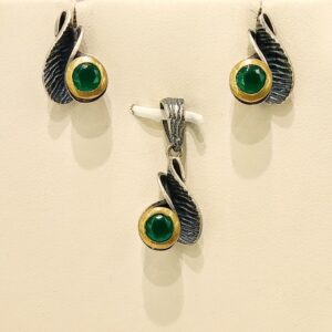 925 Sterling Silver Antique Green Stone Pendant Set