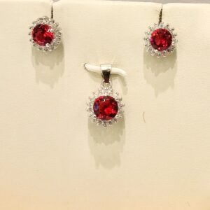 925 Silver Set- Earrings And  Pendant  Round shape Zircon in red hue