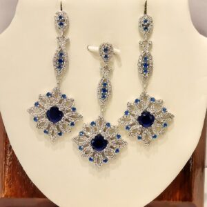 925 Sterling Silver blue Stone Diamond Pendant Set