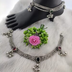 Silver ladies oxidised antique kundan flower payal