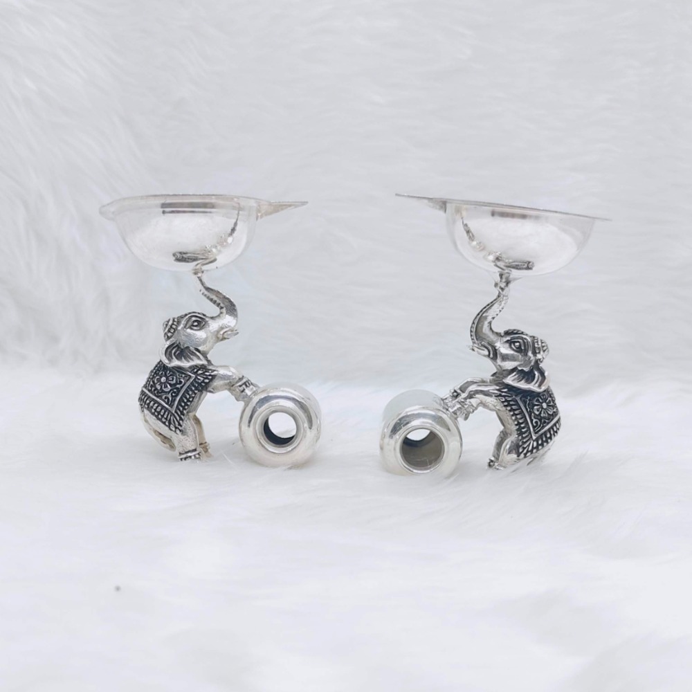 Real silver deepak with elephant base in antique finishing