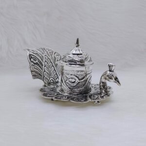 Hallmarked silver peacock shaped kumkum dibbi by puran