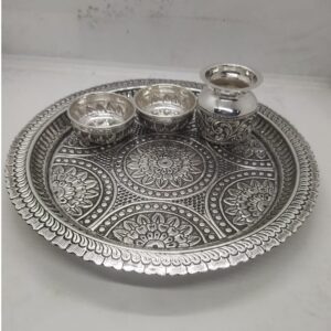 rangoli motif carving aarta set in real silver by puran
