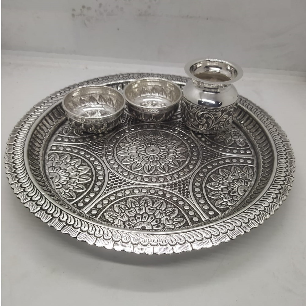 rangoli motif carving aarta set in real silver by puran