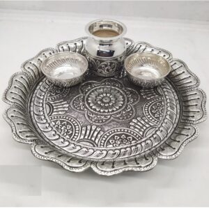 puran floral shaped aarta thali in hallmarked silver