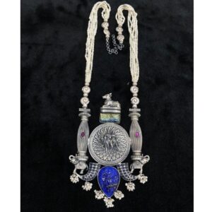 Designer long chained haara on Shiv Parivar with Lapiz Gemstone