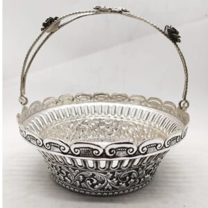 Puran pure silver flower tokri with handle in antique carving.