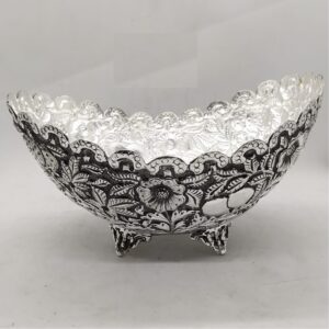925 Pure Silver Designer Fruit & Flower Basket in Fine Carving Work.