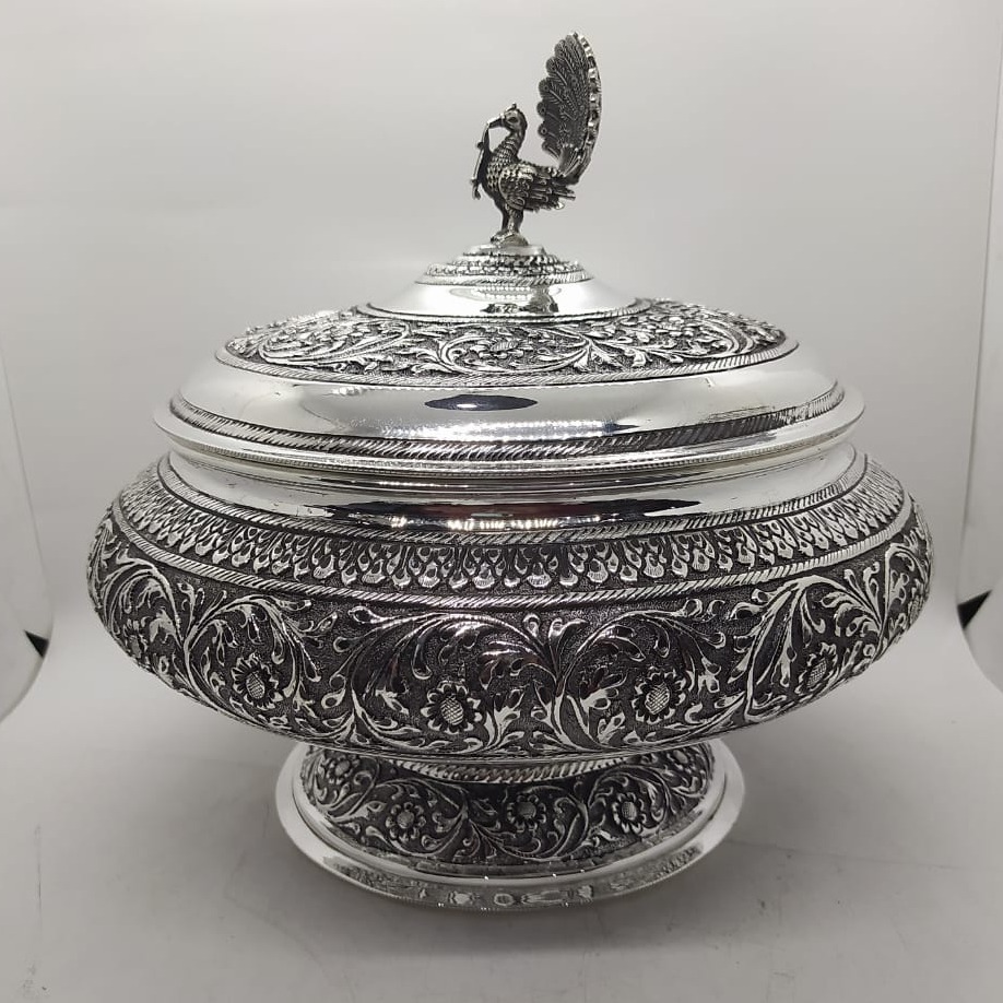 925 pure silver stylish serving bowl with pure silver cover po-147-13