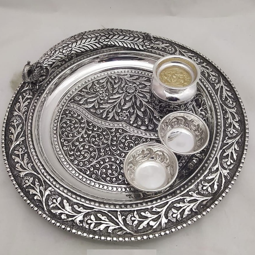 925 Pure Silver Antique South Indian Pooja Thali Set pO-263-09