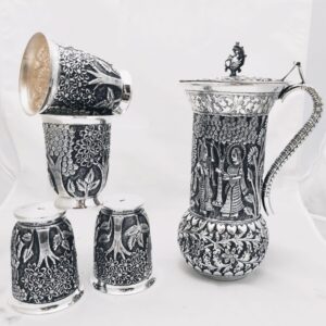 Pure Silver Jug Glasses Set In Fine Carvings of Rasleela PO-247-17