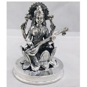 Pure silver idol of saraswati ji in antique & solid finish po-174-24