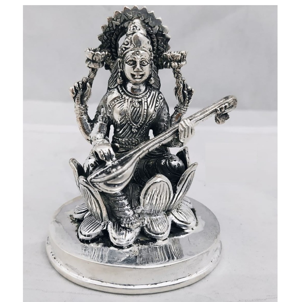 Pure silver idol of saraswati ji in antique & solid finish po-174-24
