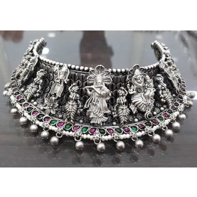 Pure Silver Temple Choker on Vishnu Avatars in Antique PO-216-52