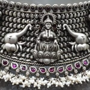 Pure Silver Temple Choker of GajLakshmi In Deep Carvings PO-216-50