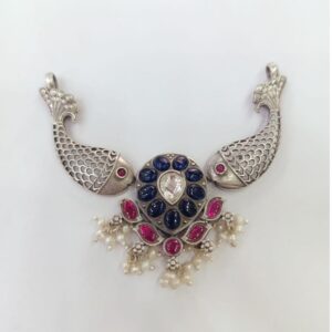 Pure silver fish pendant with real cutstones & pearls po-216-48