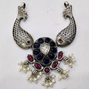 Pure silver fish pendant with real cutstones & pearls po-216-48