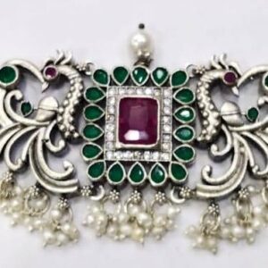 Pure Silver Compact Choker With Real Gemstones & Pearls PO-216-45