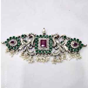 Pure Silver Compact Choker With Real Gemstones & Pearls PO-216-45