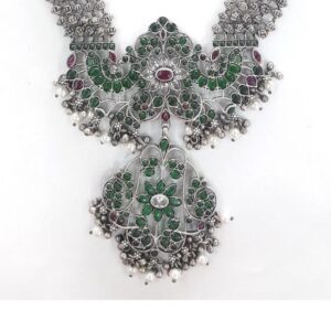 Pure silver temple haram necklace with gemstones po-216-44