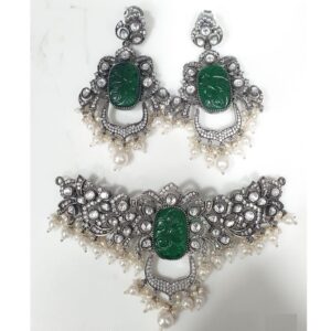 925 pure silver necklace with carved ruby and kundan po-216-07