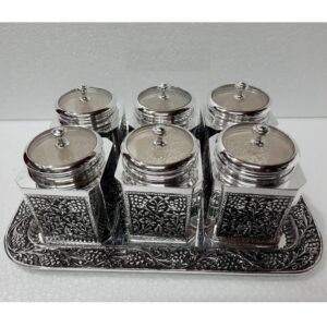 925 pure silver Stylish dry fruit boxes with tray 7pcs set pO-151-03