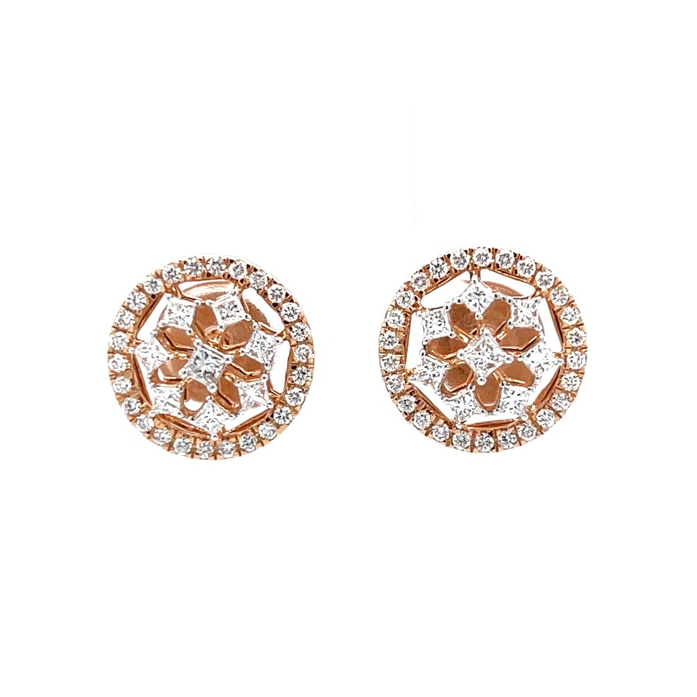 Star shaped diamond stud with a round bracket with princess cut
