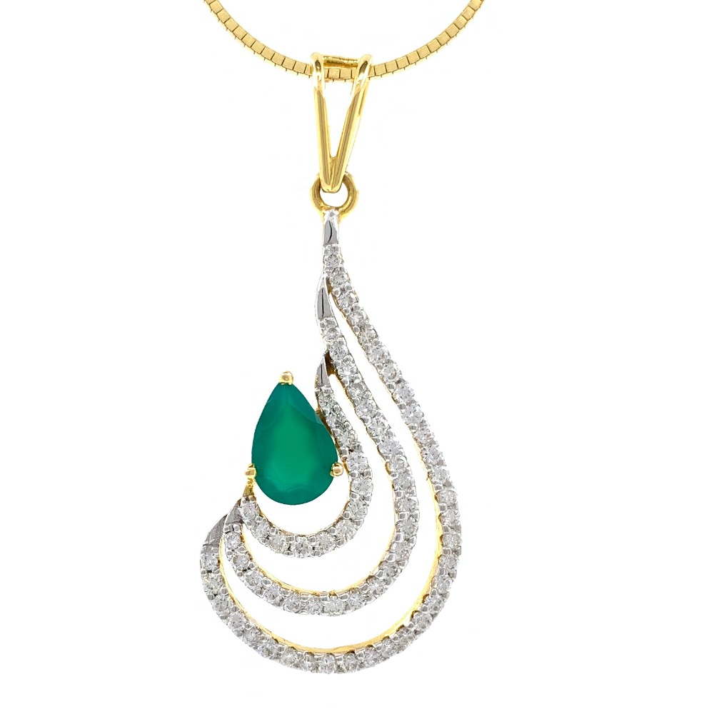 Green stone drop shape diamond pendant in 14k yellow gold 9shp24 - Image 2