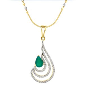 Green stone drop shape diamond pendant in 14k yellow gold 9shp24
